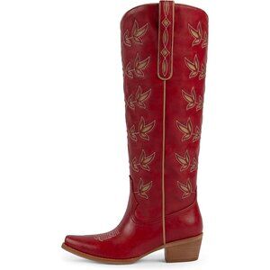 Women's Red Western Knee High Cowgirl Boots Pointed Toe Chunky Heel